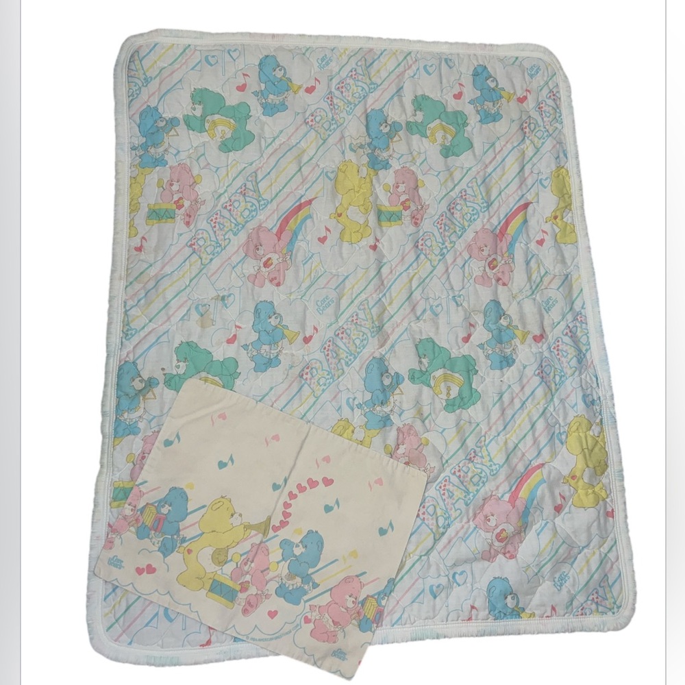 80s Vtg Care Bears baby blanket quilt Trimmed W Bonus Mini Lovey /Burp Cloth USA